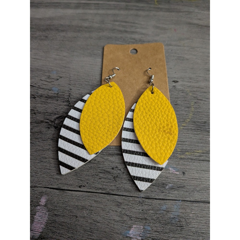 Yellow and Black White Striped Faux Leather Double Layer Teardrop Earrings